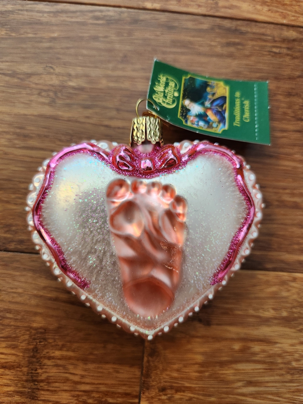 New Old World Christmas Baby Girl's Footprint Blown Glass First Ornament, Pink